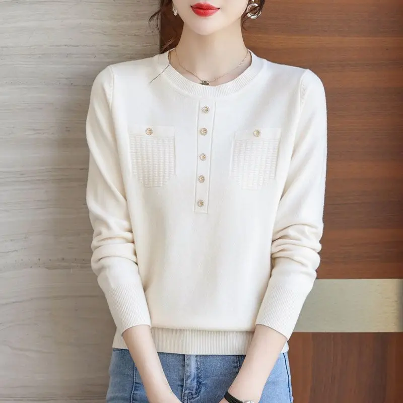 

Women's Clothing Solid Color Round Neck Screw Thread Pullover Long Sleeve Button Pockets Sweater Knitted Elegant Classic Tops