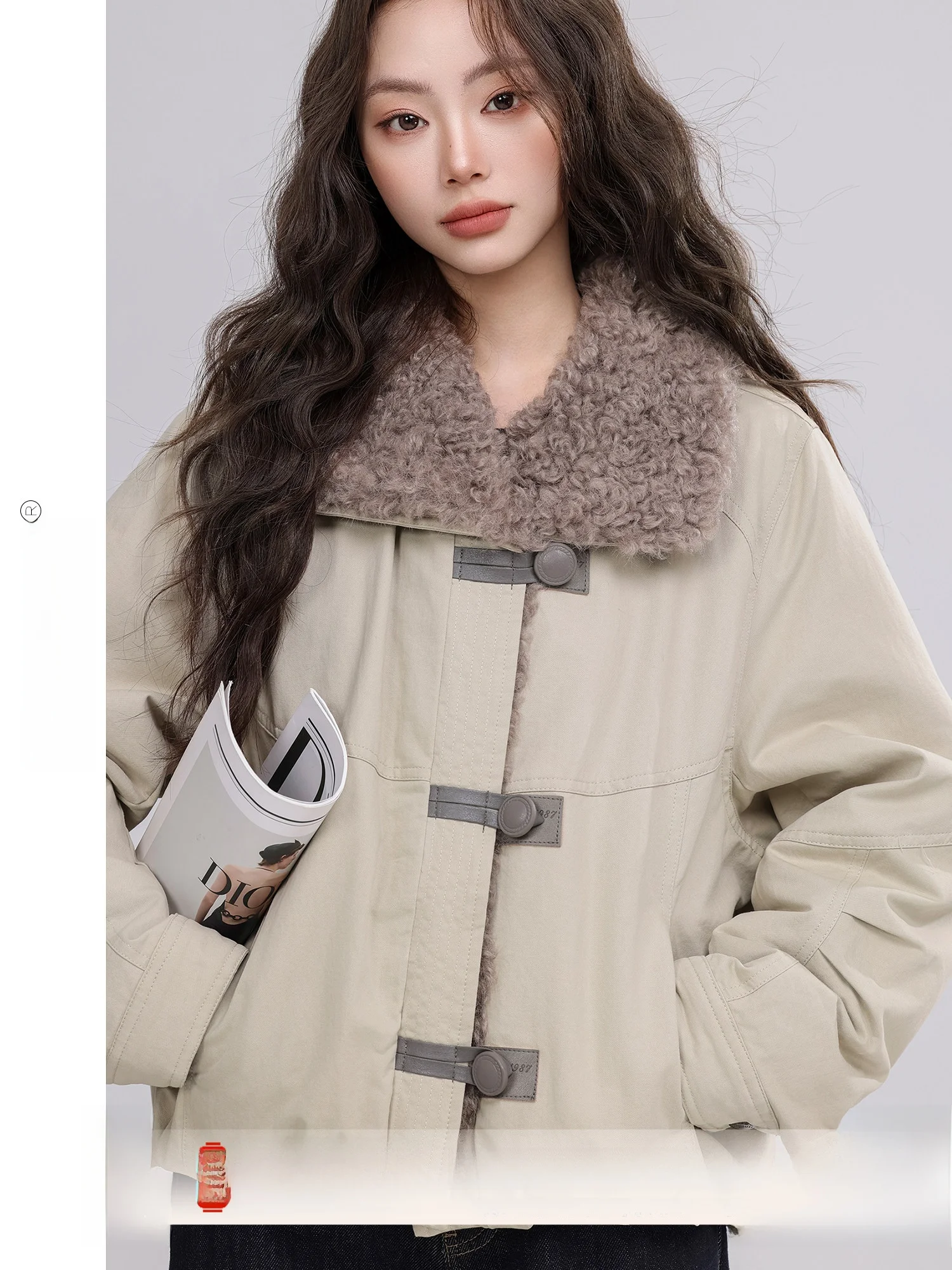 

Winter Women's Jaet Vintage Korean Sle Lamb Fur Inner down Coat Warm Thi Long Sve Regular Length Pure Color