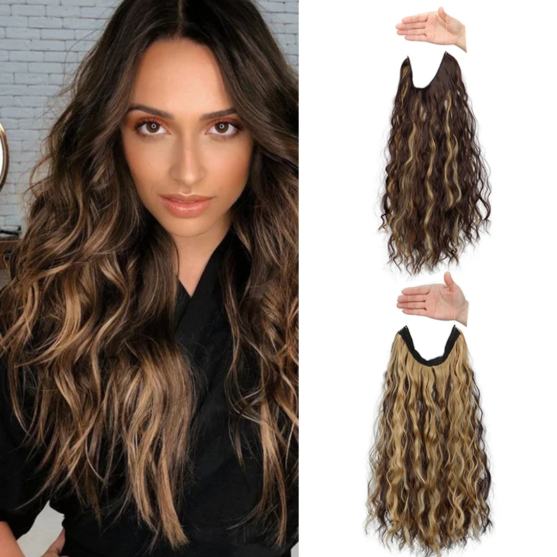 

Синтетические 18-дюймовые волосы без зажимов для наращивания, длинные волны, цельная рыбья леска, накладные волосы, черный блондин, шиньон для женщин