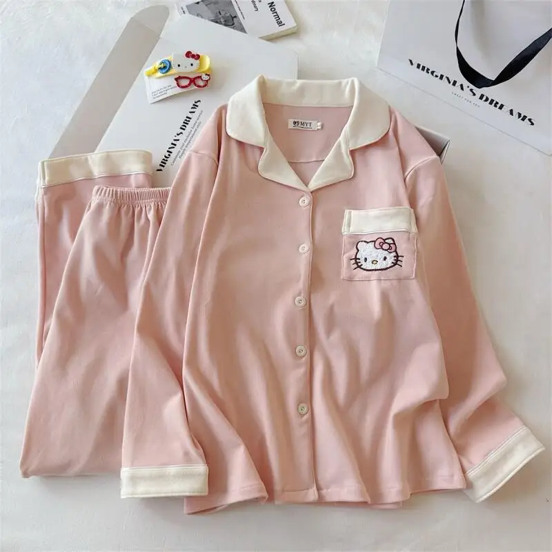 

Sanrio Hello Kitty, зимние пижамы, комплект из 2 предметов, кавайная женская теплая одежда для сна с героями мультфильмов, брюки с длинными рукавами, ночная рубашка, домашняя одежда, новинка