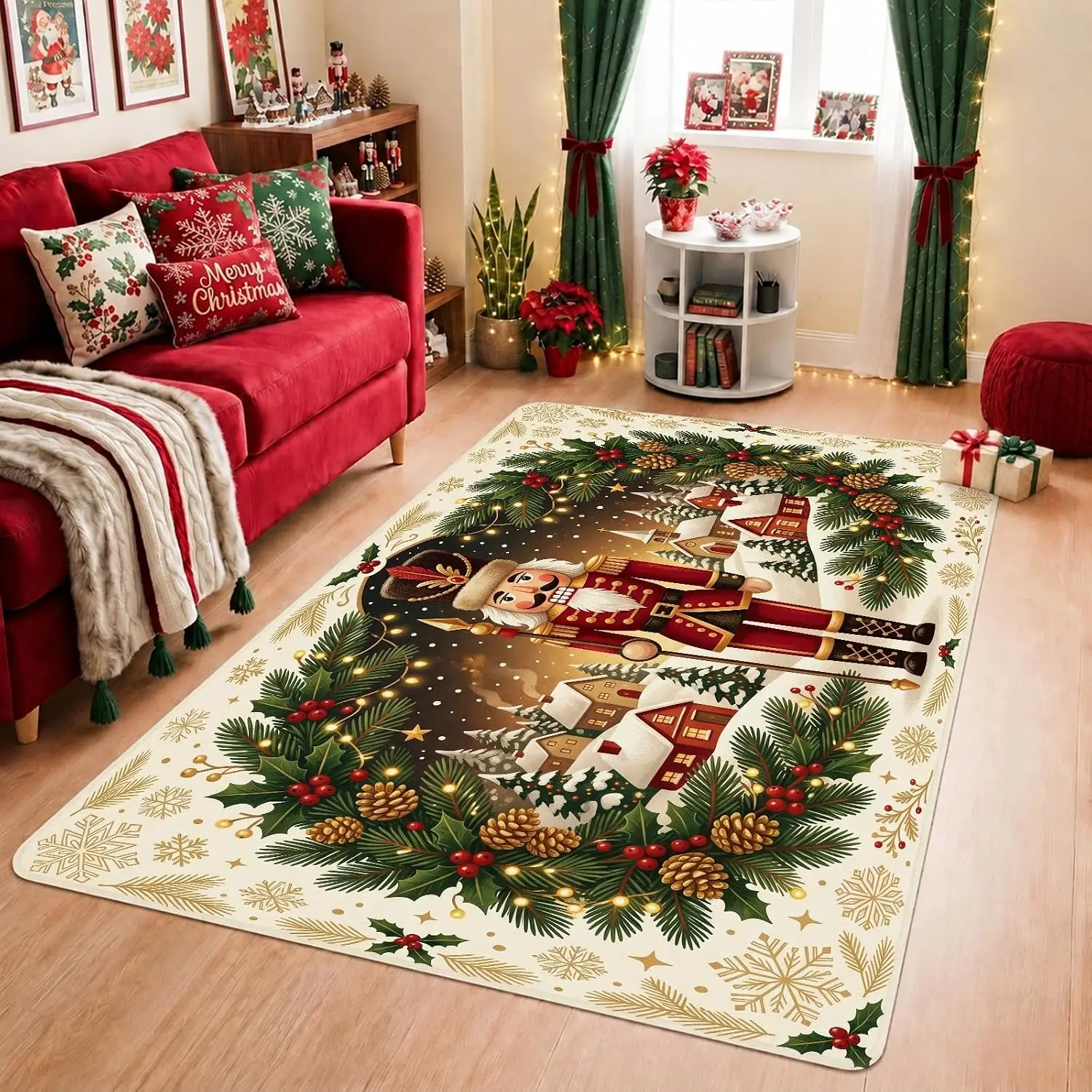 Extra Large 8x10 Nutcracker Winter Village Christmas Area Rug Pine Garland Snowflake Indoor Carpet Home Decor for Living Room