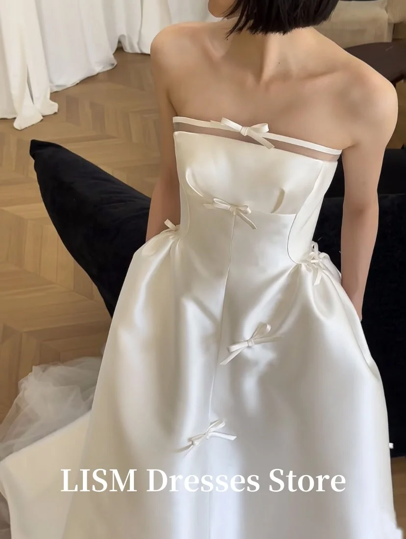 LISM Elegant Strapless A Line Ribbons Wedding Dresses Korea Photo shoot Pockets Bridal Gowns Corset Back Customized Evening