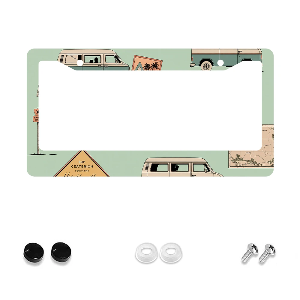 

1 шт. Зеленая рамка номерного знака в стиле ретро с 2 отверстиями и рисунком фургона и пальмы, алюминиевый материал, 6x12 дюймов, включает в себя набор винтов,