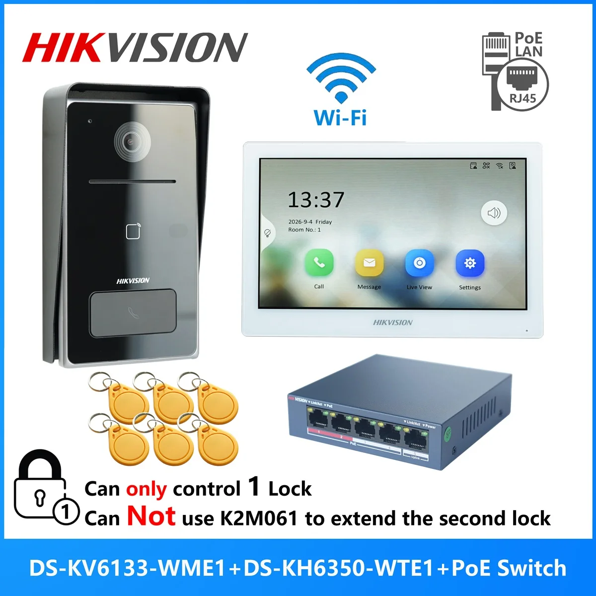 KIT videocitofono multilingue HIKVISION DS-KIS608-P, include DS-KV6133-WME1, DS-KH6350-WTE1 e switch PoE, chiamate tramite app per smartphone