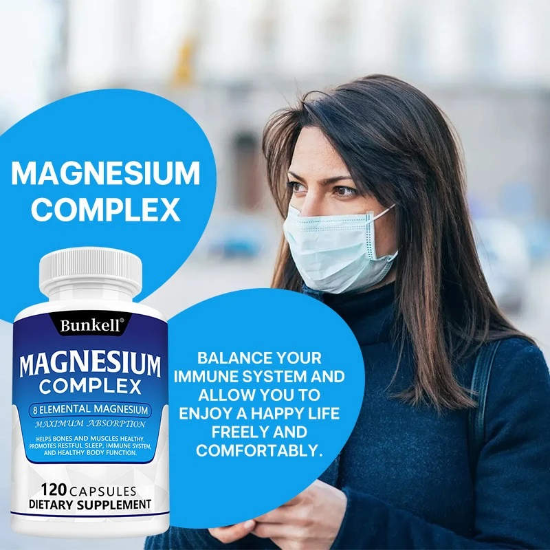 مكمل مغنيسيوم معقد 8 عنصري 1000 ملغ، مشغل لسهولة الامتصاص للعظام والعضلات والتعافي والطاقة 120 كبسولة