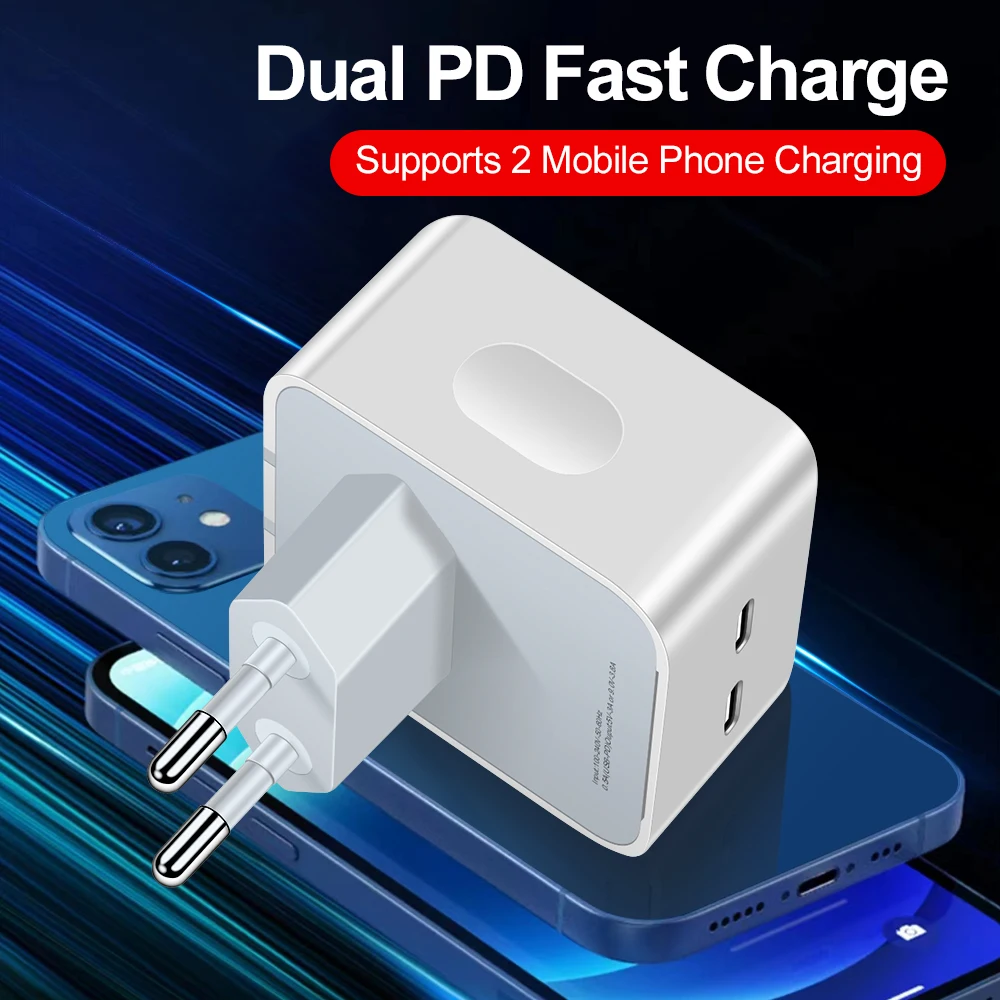 Dual PD Fast Charger 35W Type C Phone Charger Adapter For iPhone 15 14 13 Samsung Xiaomi Quick Charge 3.0 EU/UK Plug USB Charger