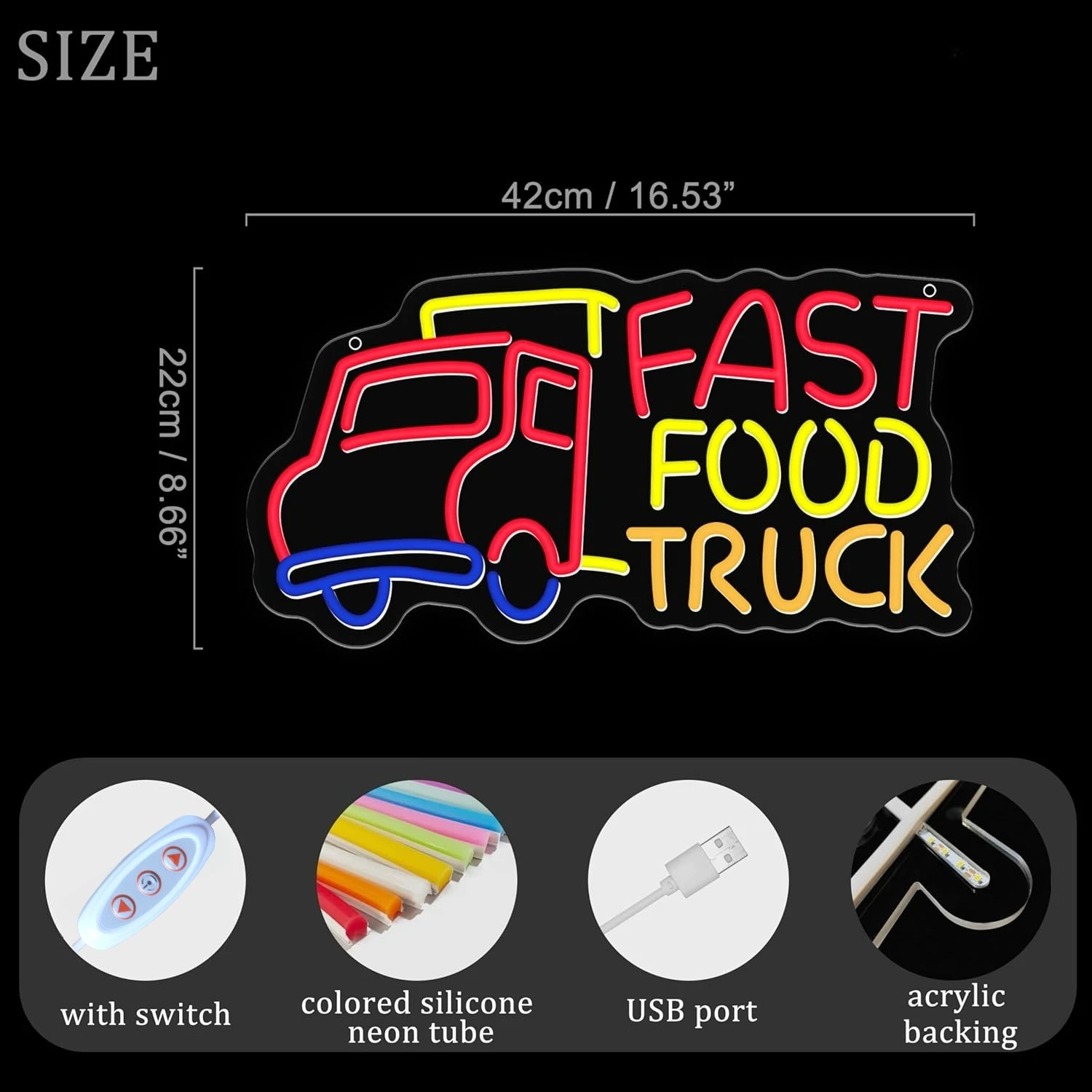 Fast Food Truck LED Neon Sign USB Dimmable Snack Glow Wall Light for Food Truck Restaurant Bar Cafe Party Bbq Shop Opening Gift