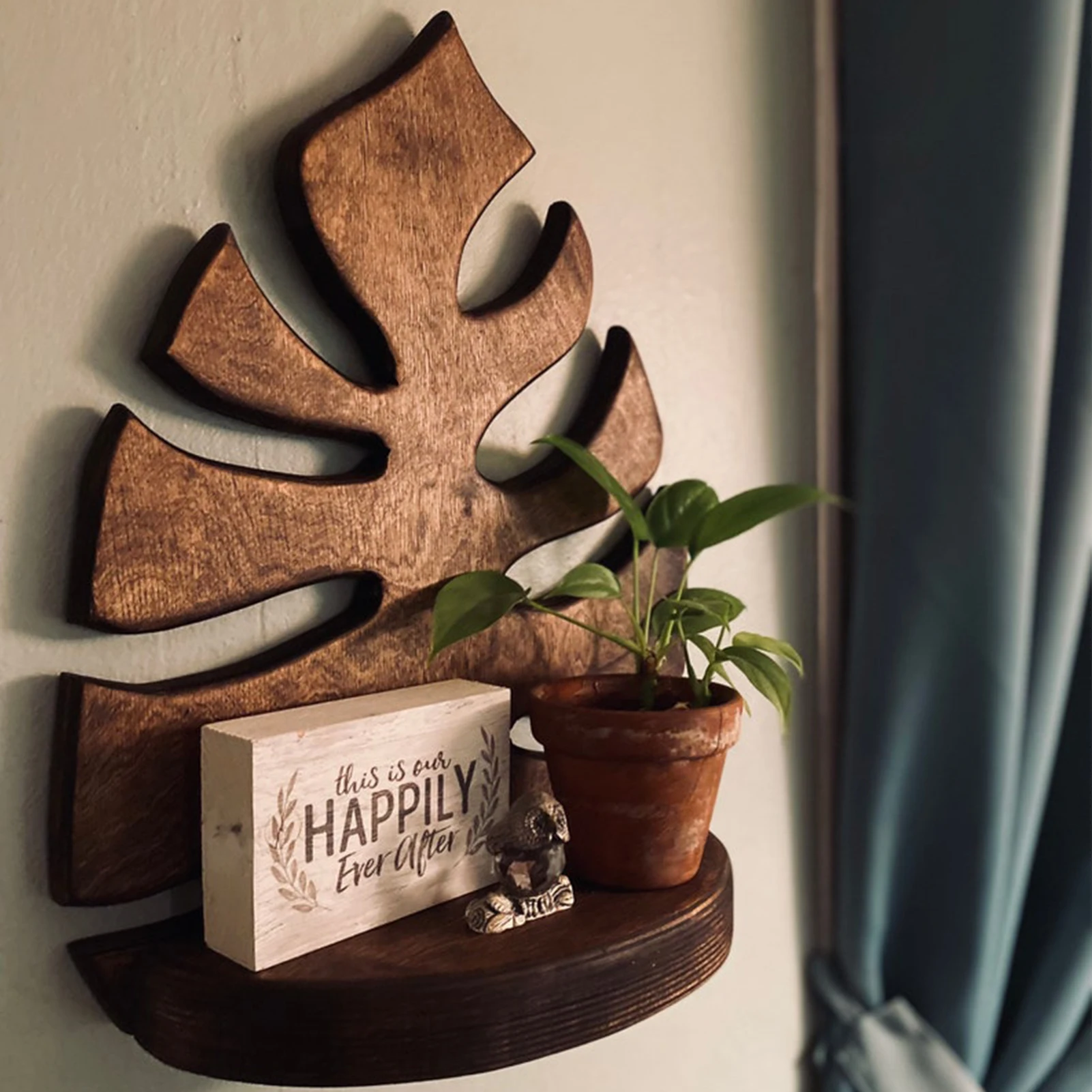 Floating Wall Shelf Monstera Leaf Shape Wooden Bathroom Floating Shelves For Wall Living Room Bedroom Storage Rack Plant Holder