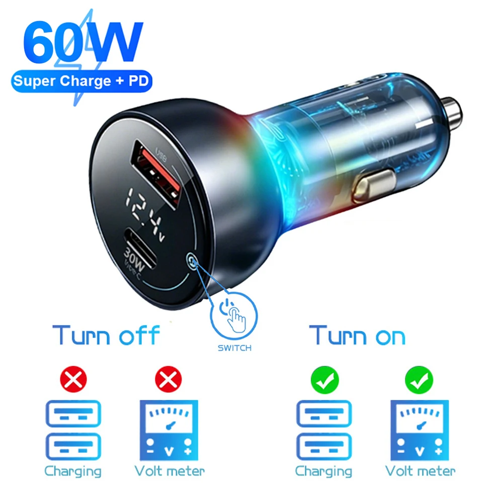 Digital Car Charger 60W PD+QC3.0 Dual Ports Type C USB Fast Charging Adapter with Voltmeter & On/off Switch & RGB Ambient Light