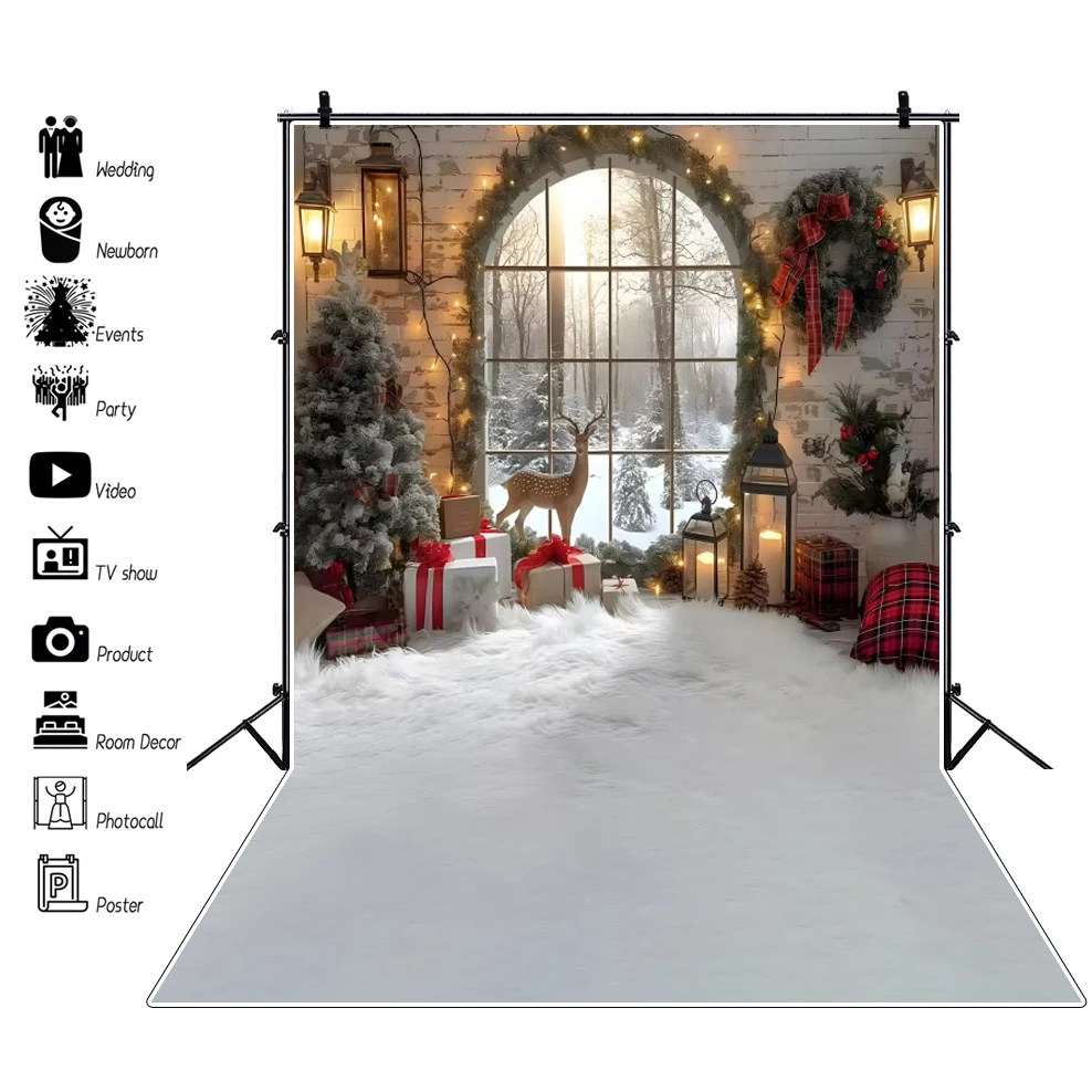 Christmas Backdrop Xmas Tree Winter Snow Window Elk Brick Wall Kids Family Portrait Christmas Party Photography Background Decor