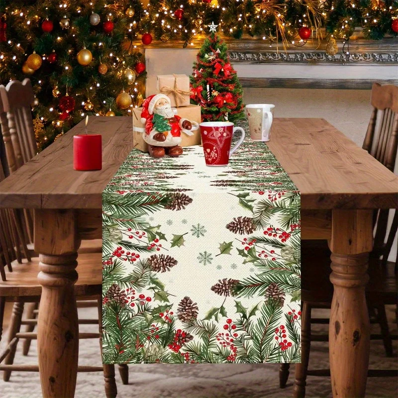Christmas Pine Branches Berry Table Runner Party Decor Washable Winter Xmas Kitchen Dining Table Runner Christmas Decorations