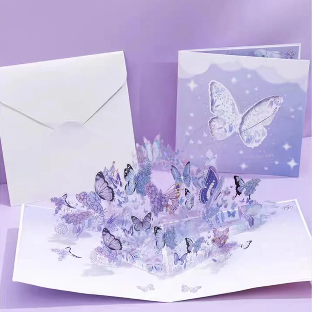 Purple Butterfly Birthday Pop Up Card,PVC graceful butterfly swaying Flower 3D Greeting Card Gift for All Occasion