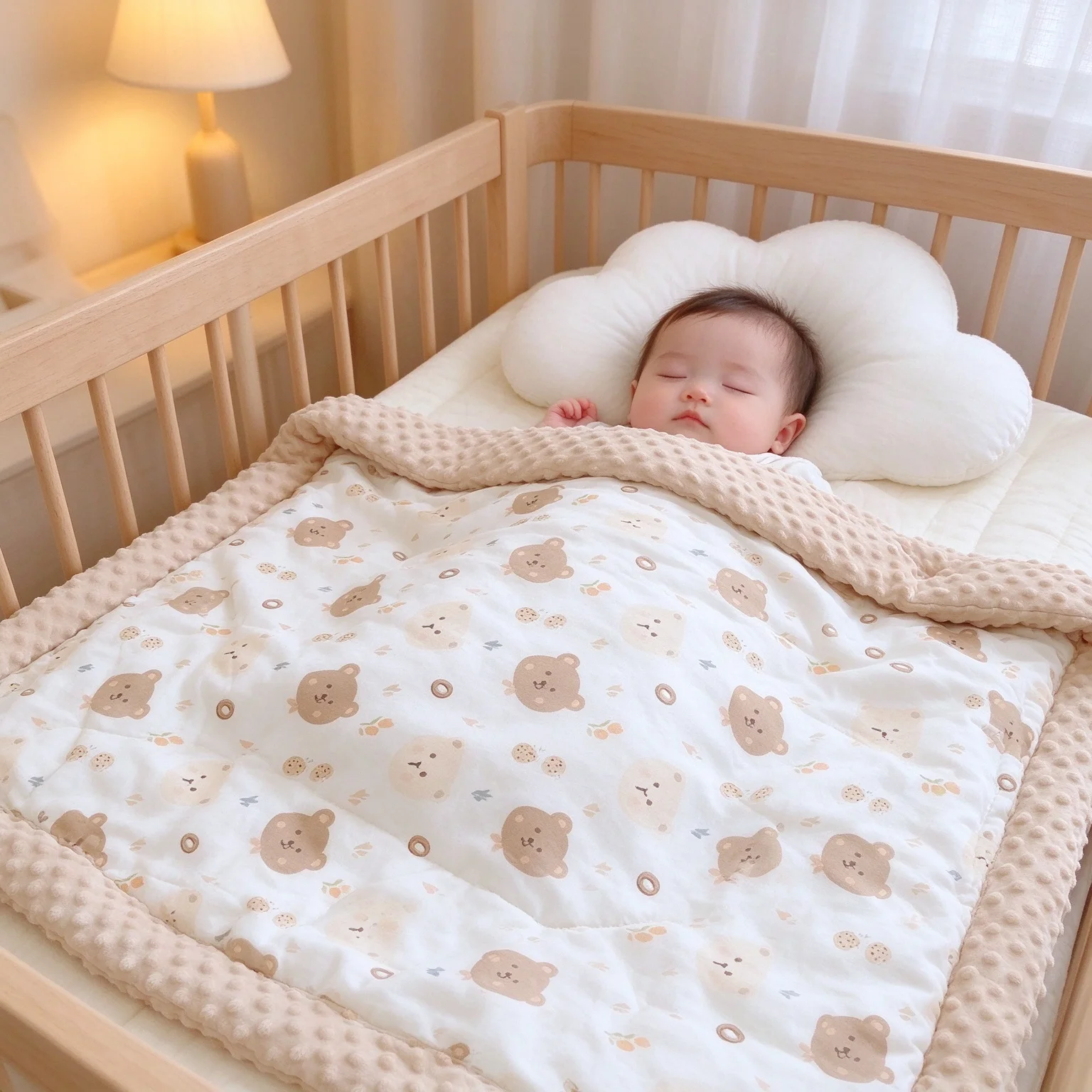 Cute Bear Print Baby Minky Dot Blanket, Soft Quilted Toddler Bed Comforter, Reversible Plush Bedding for Infant Crib