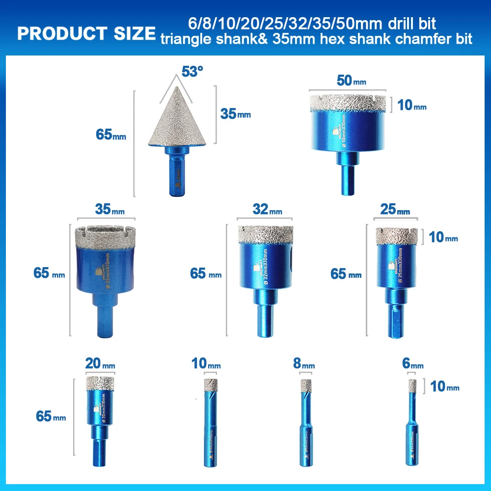 BRSCHNITT 다이아몬드 드릴링 비트 타일 커터, 세라믹 대리석 화강암 삼각형 생크 구멍 톱 드릴 모따기, 직경 6-50mm, 9 개