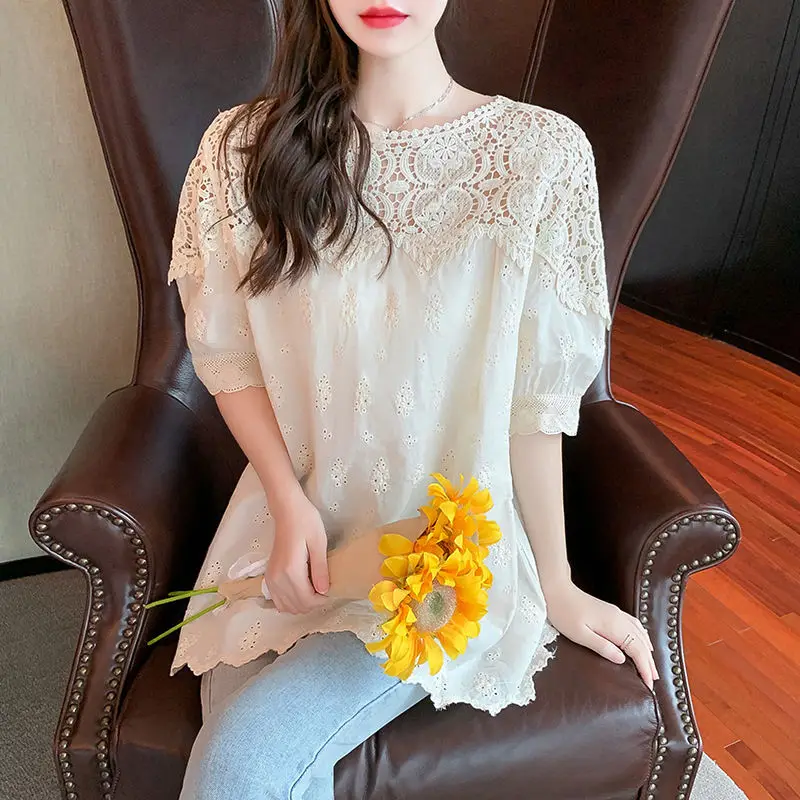 Cotton Linen Embroidery Hollow Short-sleeved Shirt Female 2024 Summer New Korean Fashion Blouse Temperament Casual Vintage Tops