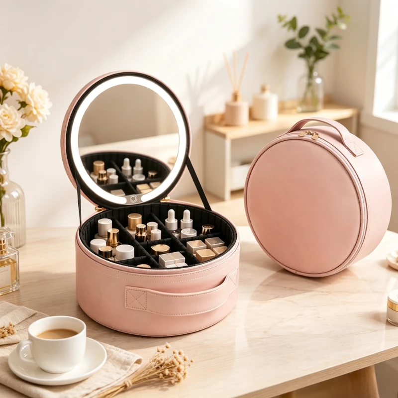 Round Simple Makeup Organizer with Mirror, Large Waterproof Portable Travel Bag for Cosmetics, Scratch-Resistant Durable Sturdy