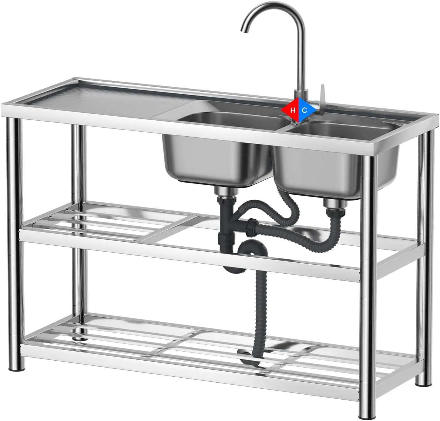 

Двухсекционная коммерческая мойка из нержавеющей стали с двойным входом для смесителя, рабочей поверхностью и местом для хранения, отдельностоящая