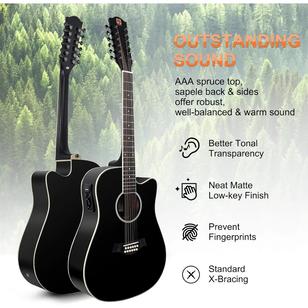 12 String Guitar,Twelve String Guitar Acoustic Electric Cutaway Guitarr Bundle，Teens, Spruce Top, Bone Nut,,Black Matte