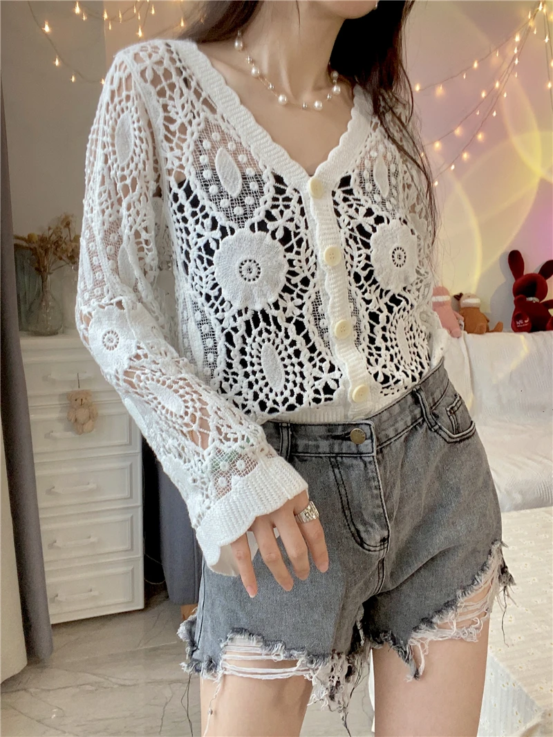 Sexy V-neck Hollow Out Crochet Lace Cardigan Women Spring Summer Long Sleeve Lace Shirts Korean Style Girls Beige White Crop Top