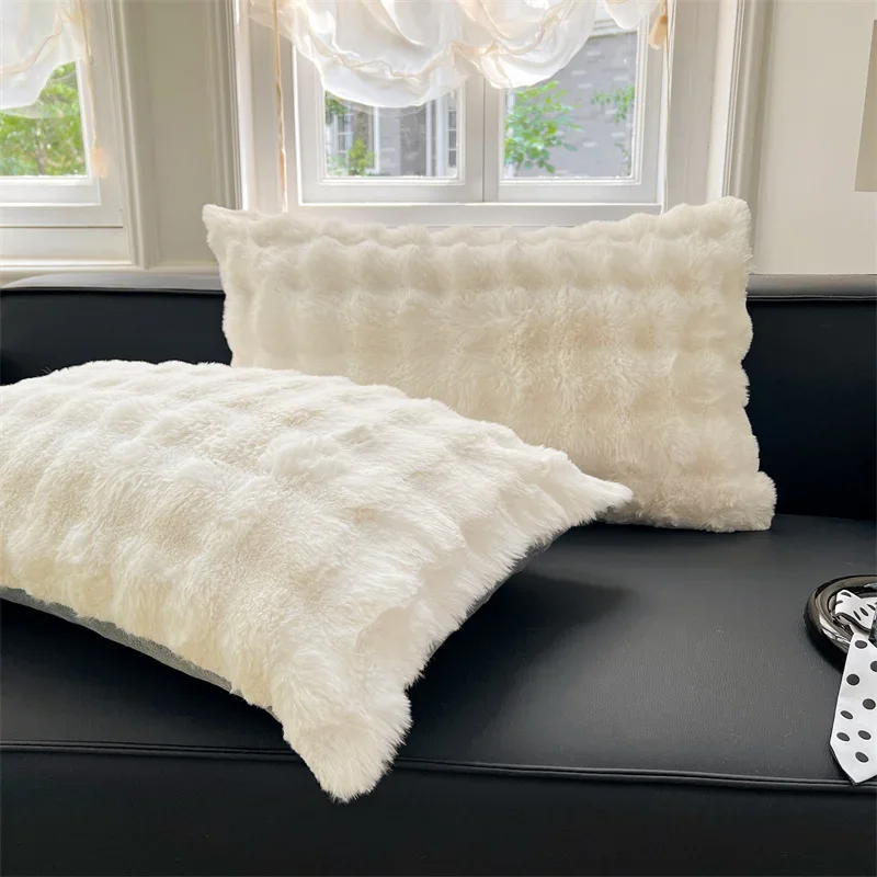 2pcs/Set White , Grey , Pink Winter Class A Rabbit Plush Pillowcases Milk Plush Snow Plush Dormitory Pillow Cases , Pillow Cover