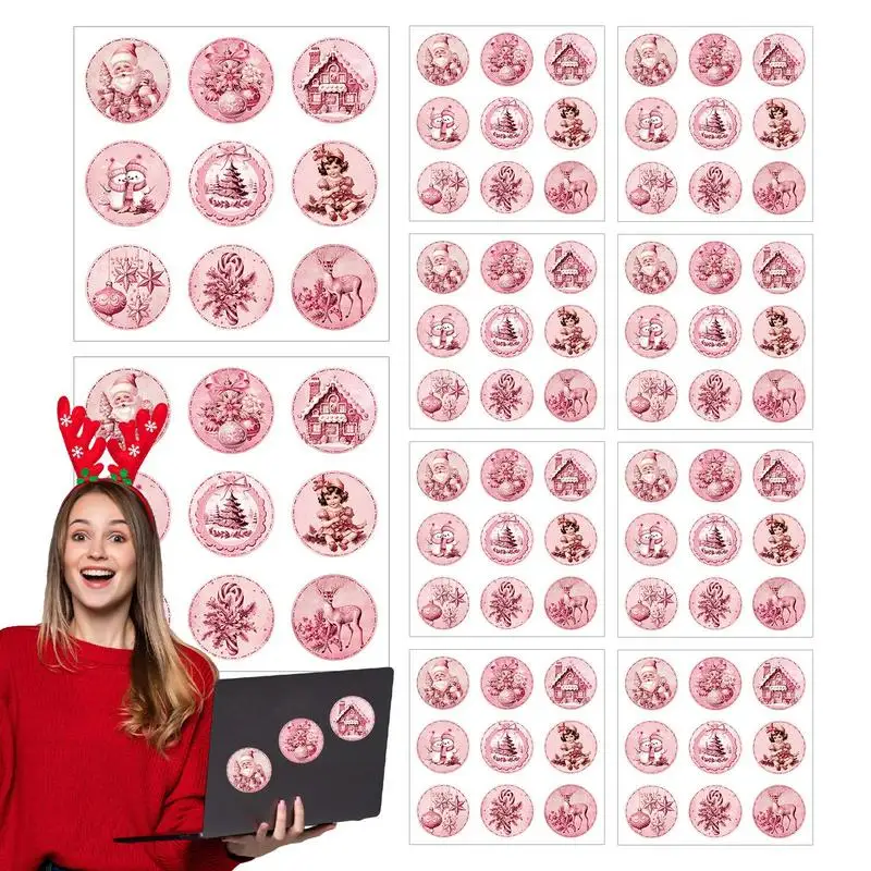 Christmas Sticker Set 90X Pink Holiday Round Labels Stickers Adhesive Decorative Envelope Seals Stickers For Woman Girl Water