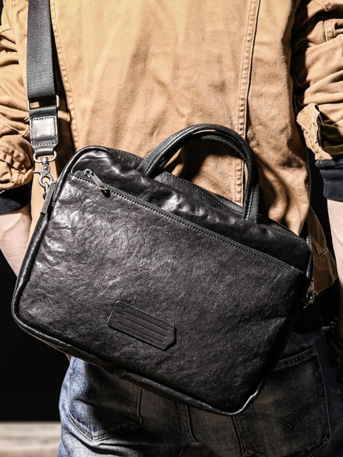 semplice moda fatta a mano in vera pelle da uomo da donna valigetta nera business casual borsa per laptop in vera pelle di mucca di lusso