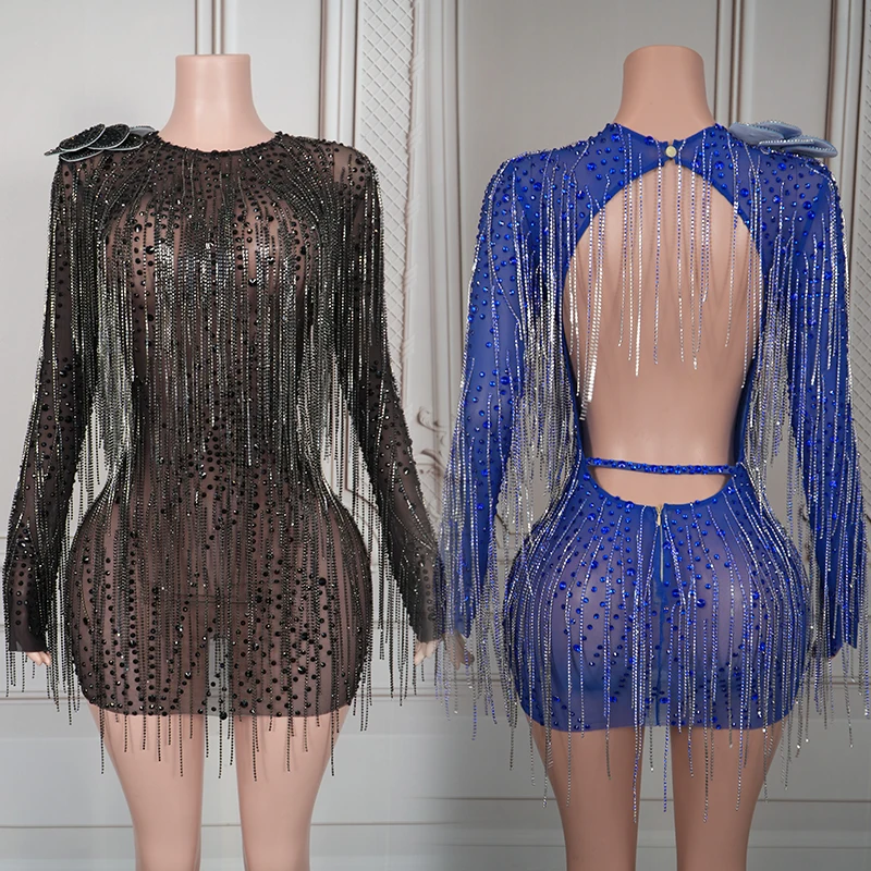 Zwarte Fringe Prestaties Jurk Sexy Backless Lange Mouwloze Jurken Zanger Stadiumkostuum Nachtclub Bar Party Rave Outfit 4461