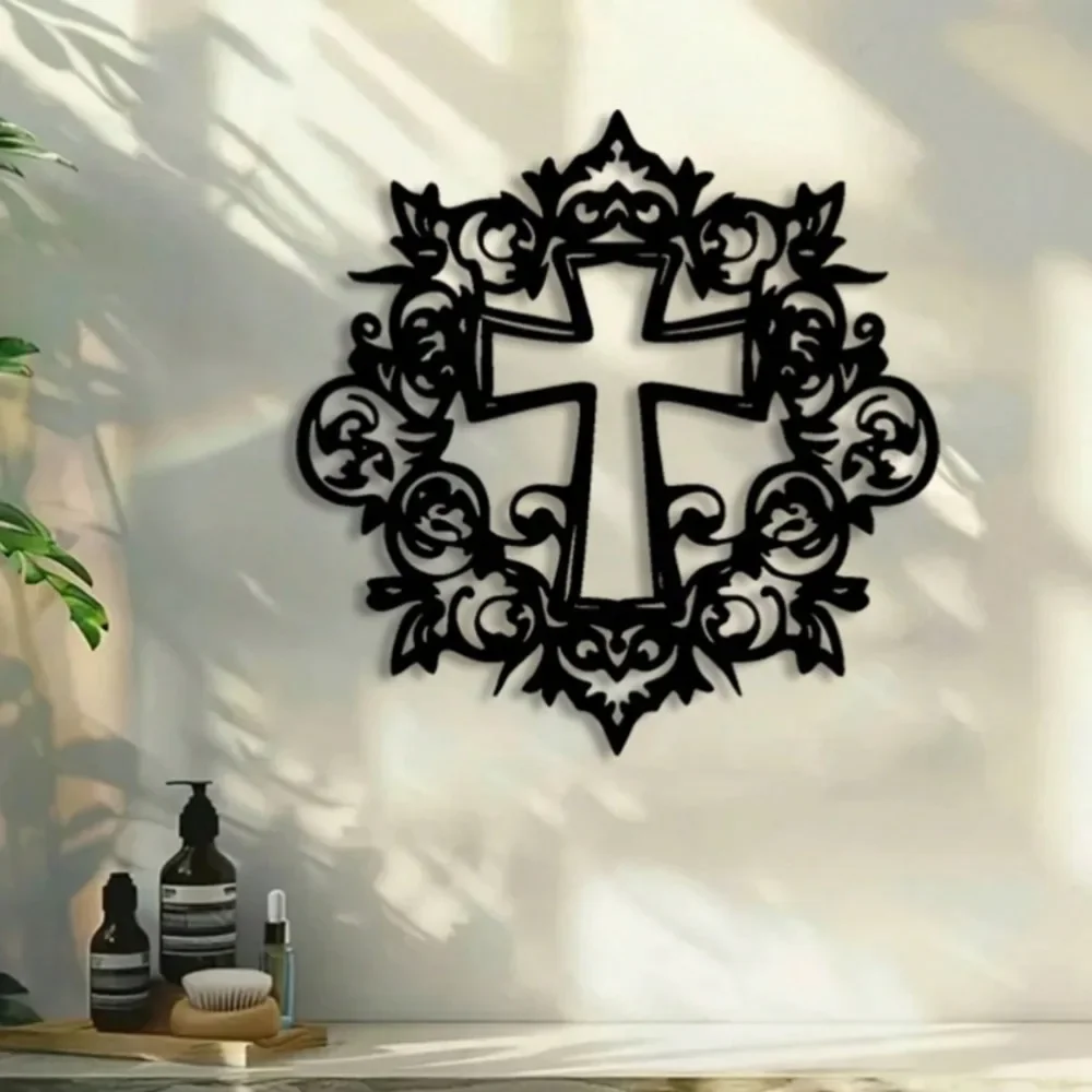 CIFBUY Black White Floral Cross Metal Wall Art Iron Vintage Hanging Decor Chapel Farmhouse Home Living Room Bedroom OrnamentGift