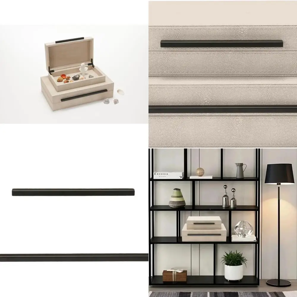 

Pair of Ivory Shagreen Faux Leather Decorative Boxes with Black Handles, Modern Storage for Jewelry, Photos, and Memories, 14.2x