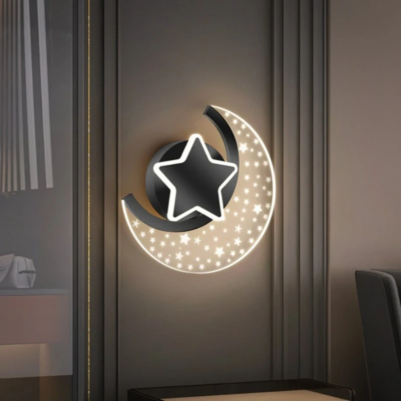 SJ Creative Starry Sky Wall Lamp Bedhead Bedroom Light Luxury Romantic Warm Children's Room Moon Star Room Decorative Lighting