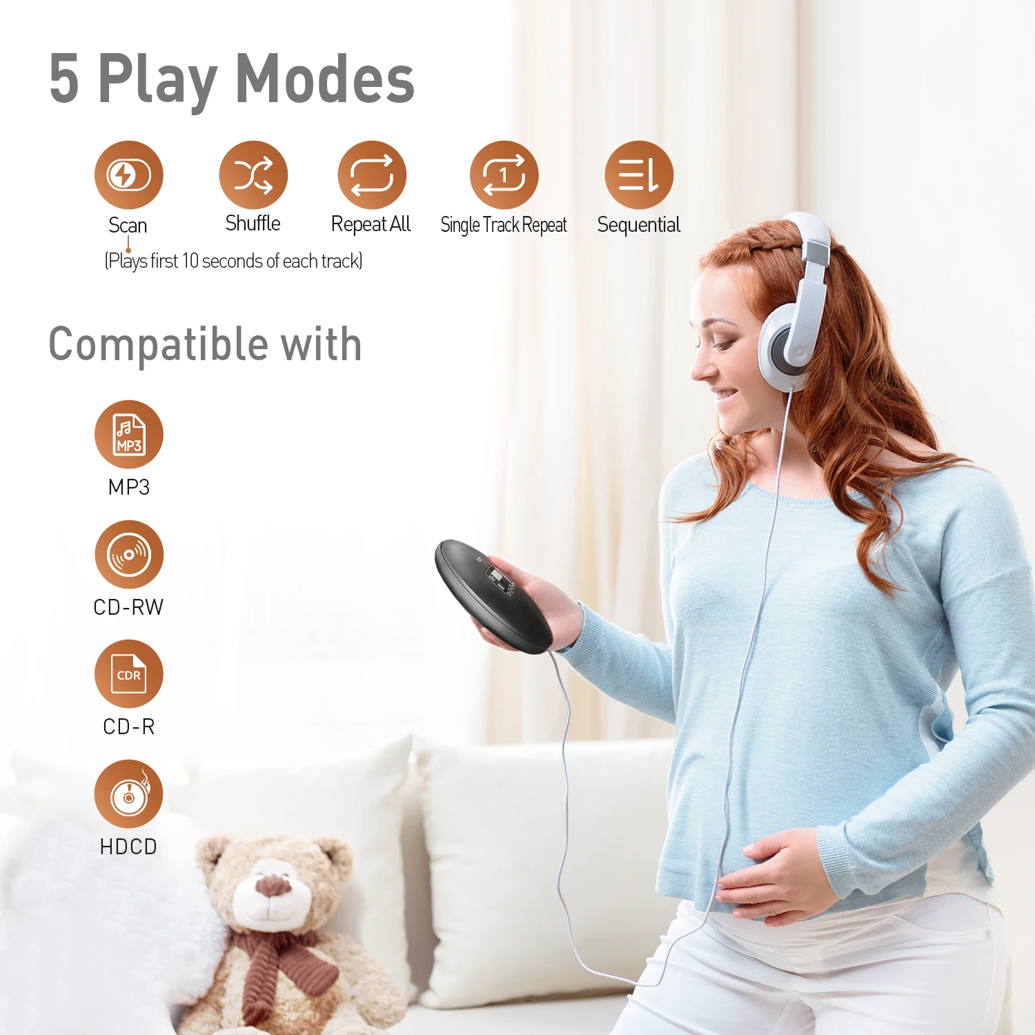 CD Player Hot Selling Portable CD Player with Headphones, Skip/Shock Resistant for Home Travel and Car