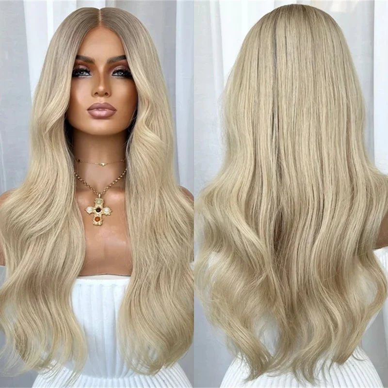 28 Inch Soft Long Wave Wig Light Ash Blonde Highlight Wig with Roots 13x4 Middle Part High Quality Synthetic HD Lace Front Wig