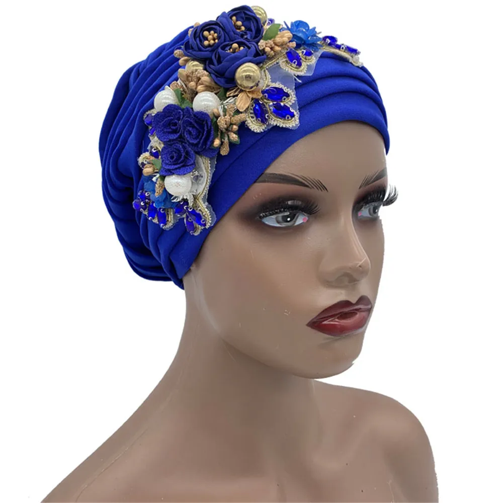 Pleated Turban Cap with Diamonds flower