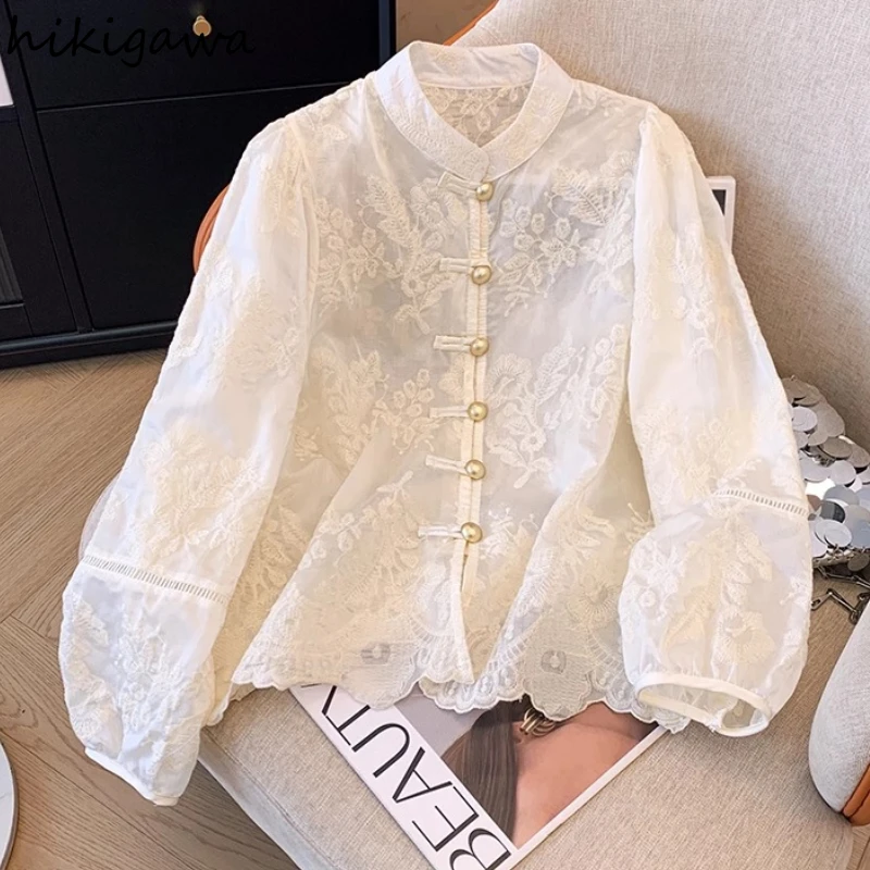 Chinese Style Women Blouses O-neck Long Sleeve Lace Shirts Temperament Single Breasted Loose Embroidery Tops Camisas De Mujer