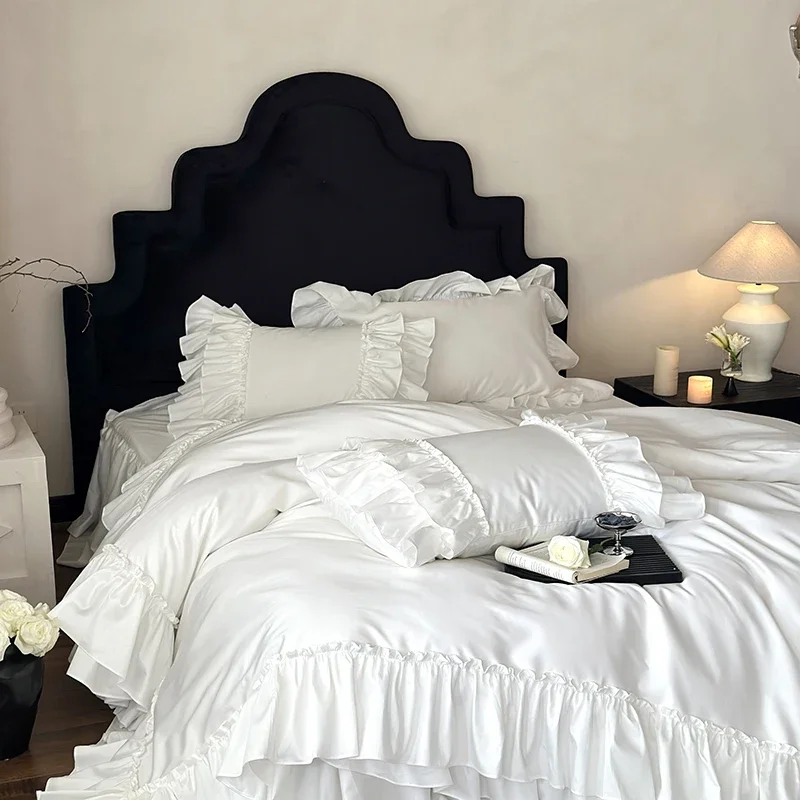 4Pcs White French Princess Double Laye Ruffles 1000TC Egyptian Cotton Bedding Set Duvet Cover Set Bedskirt Bedspread Pillowcase