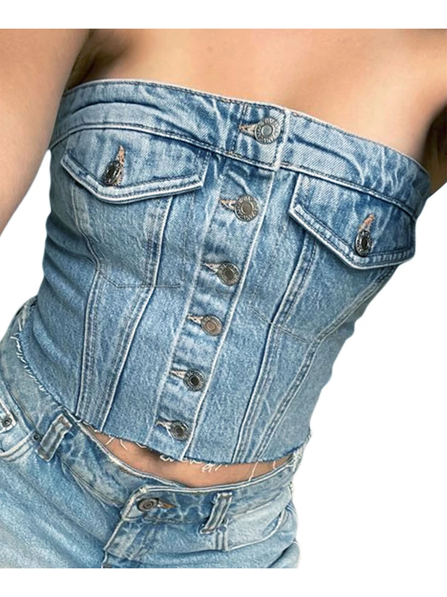 Women y2k Denim Corset Crop Top Vest Aesthetic Backless Off Shoulder Strapless Tube Top Sexy Button Up Jeans Tank Top Streetwear