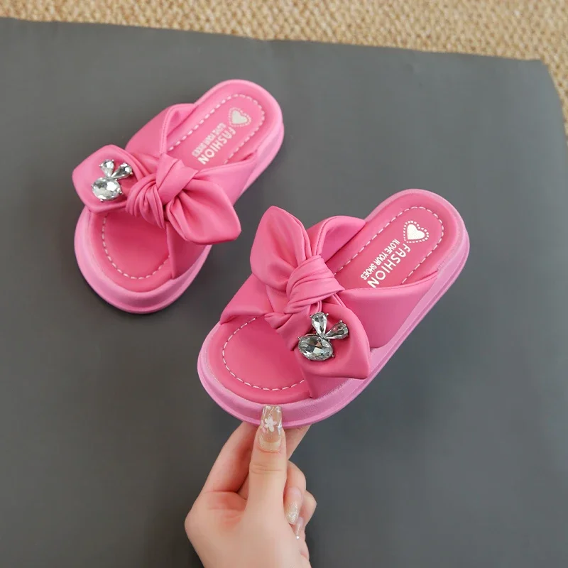 Girls Rhinestones Slippers Thick Bottom Children Summer Beach Shoes Non Slip Solid Color Fashion Kids Indoor Outdoor Slippers