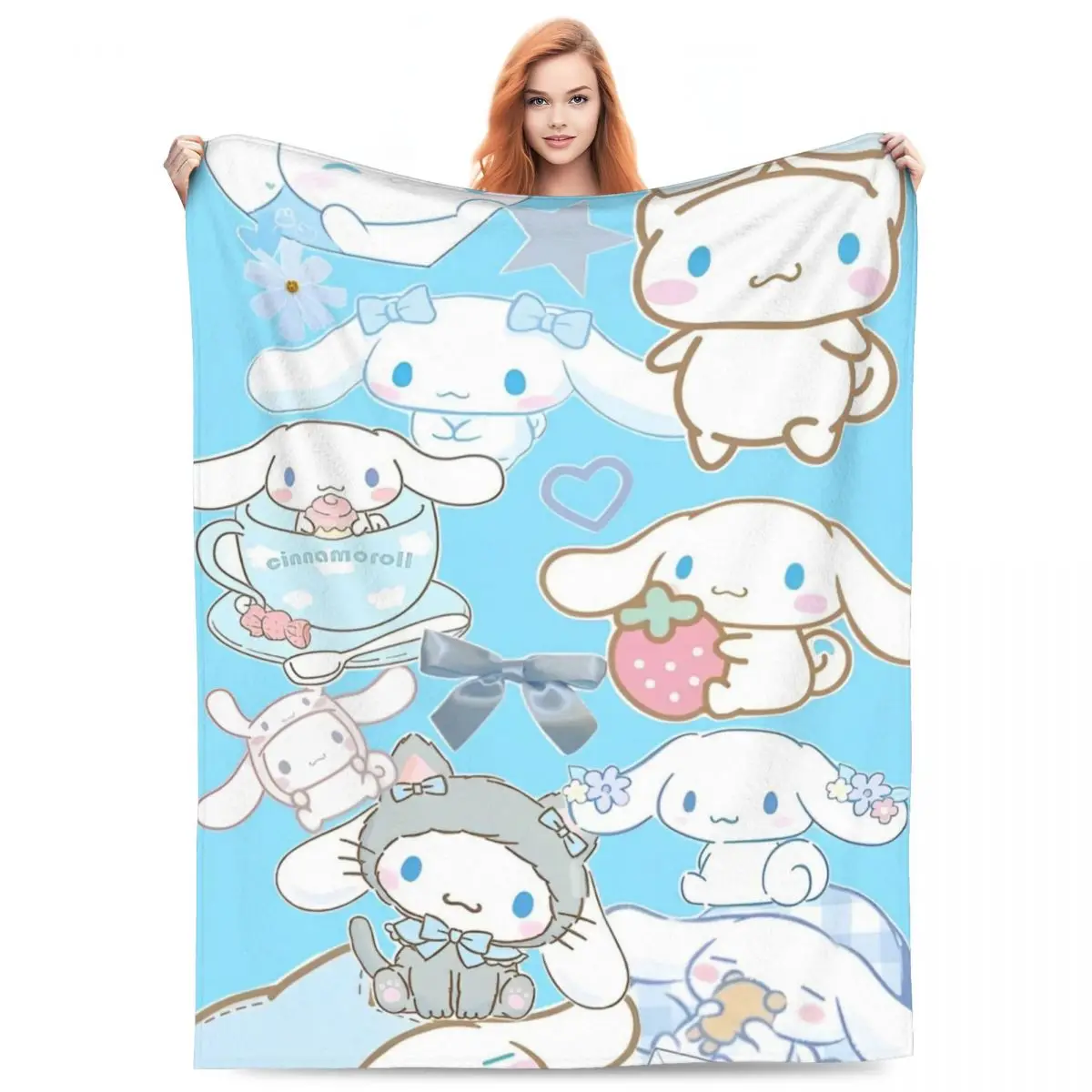 Sanrio Cinnamoroll Cartoon With Friends Flannel Blanket  for Couch Bed Airplane Travel Street Trend Bedspread Sofa Bed Cover