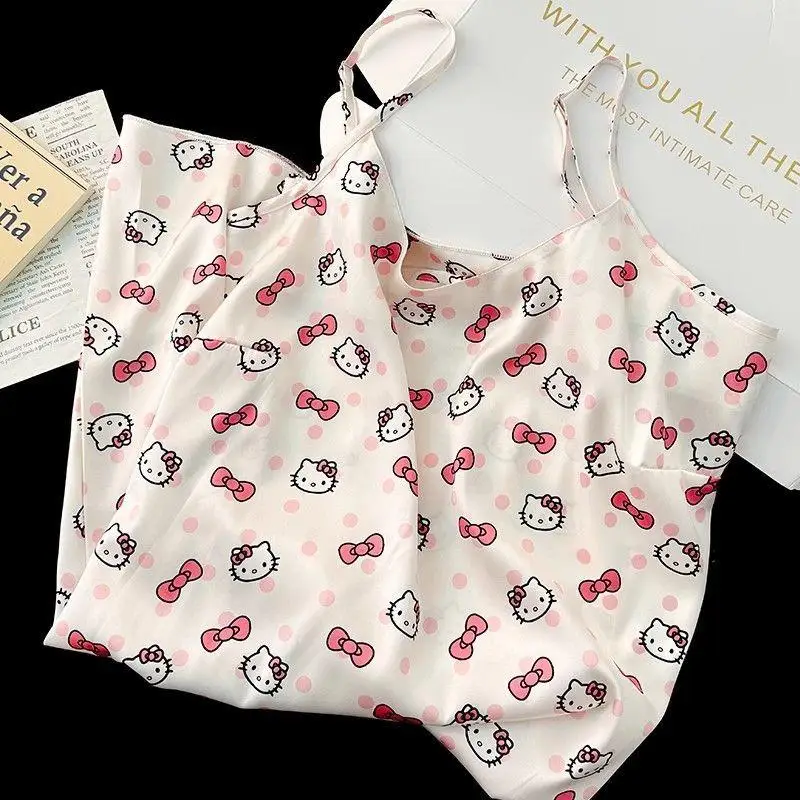 بيجامة نسائية صيفية من سانريو بحمالة هالو كيتي تنورة ليلية بدون أكمام تنورة ليلية مطبوعة برسوم كرتونية ملابس منزلية من الحرير الجليدي