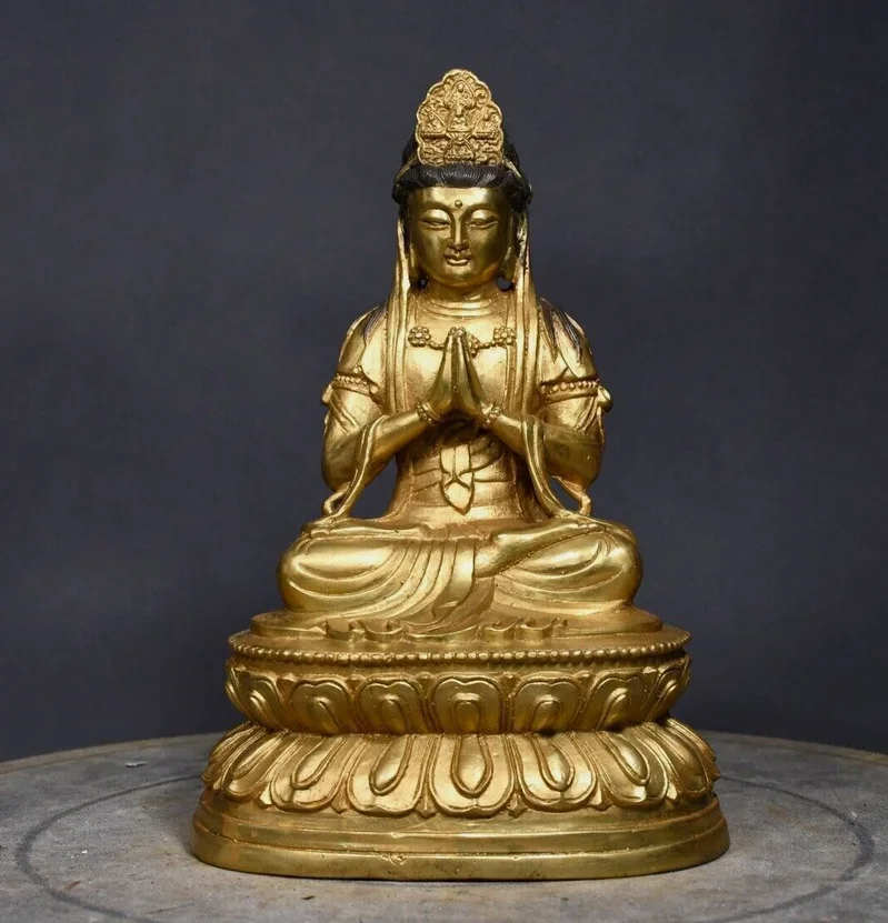 

9"China old Tibetan Buddhism temple Bronze gilt Guanyin Bodhisattva statue