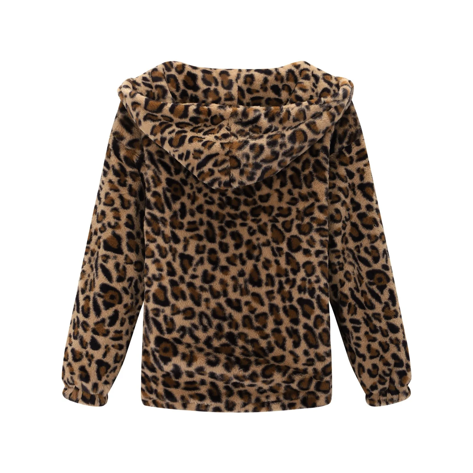 Long Sleeve Leopard Print Fuzzy Fleece Jacket Zipper Pocket Hooded Outerwear Juniors Women Loose Fit Comfy Casual Jackets