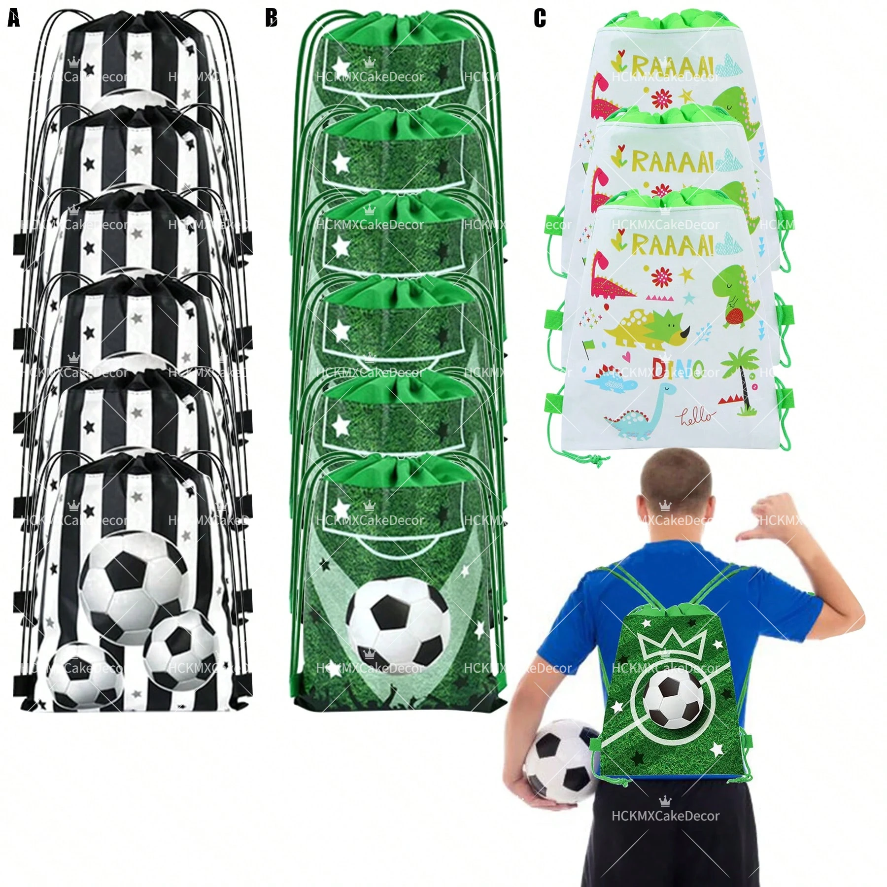3pcs Soccer Dinosaur Drawstring Backpack Bags for Kids Boys Girls Sport Party Favor Drawstring Sack for Birthday Gift