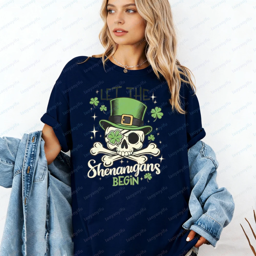 Casual Style Women's T-Shirt St Patrick's Day Skull and Shamrock Design for Spring Festivals Gift for Friends and Family Tops