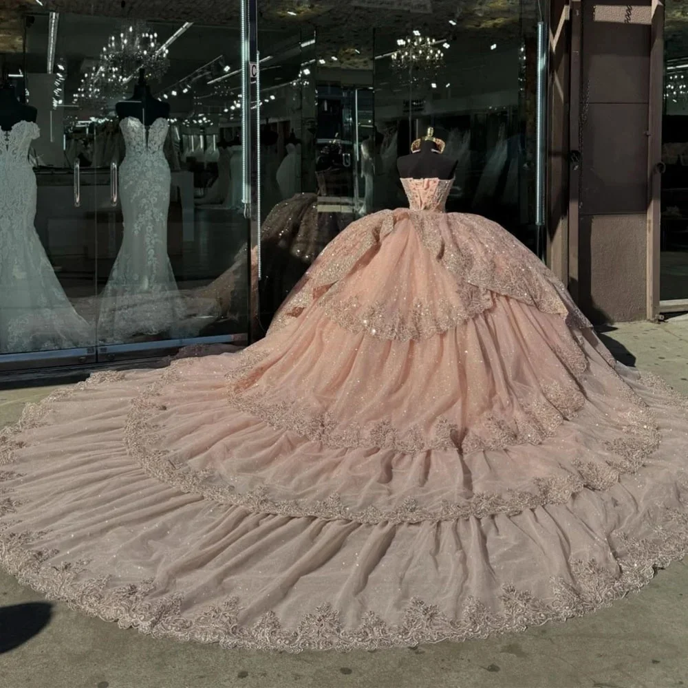 Rosa charro quinceanera vestidos de baile com decote em v renda brilhante frisado mexicano doce 16 vestidos 15 anos personalizado