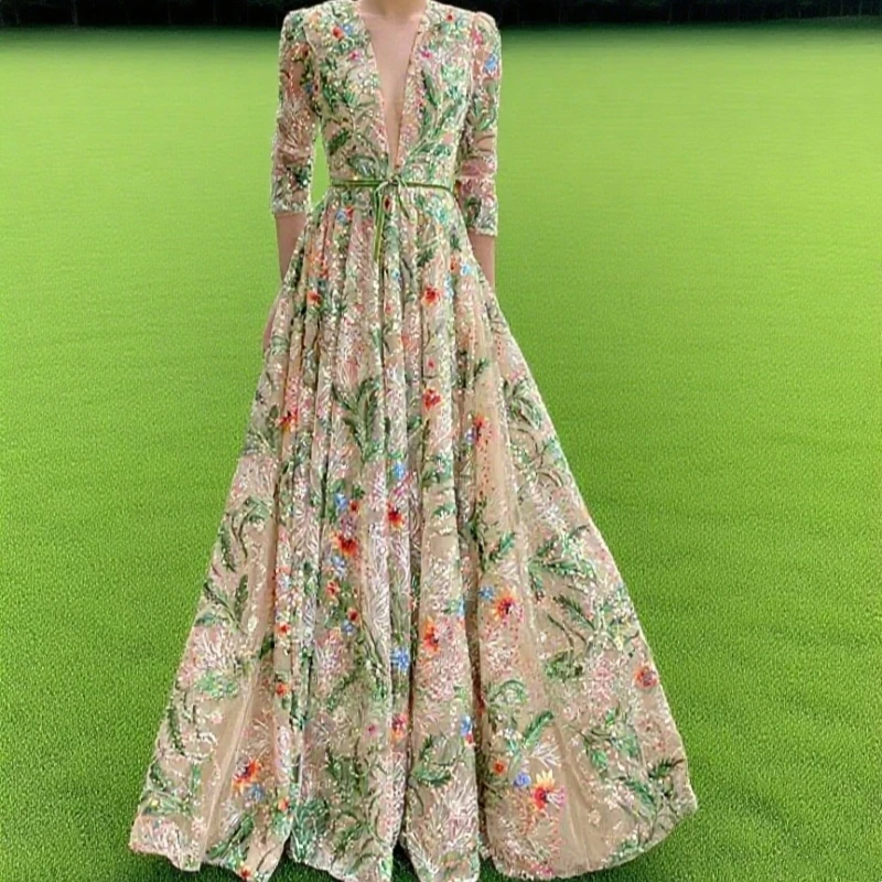 

Deep V-Neck Floral Embroidery Lace Prom Dress 3/4 Sleeves Crafted in Transparent Lace for a Timeless Evening Gown Customized