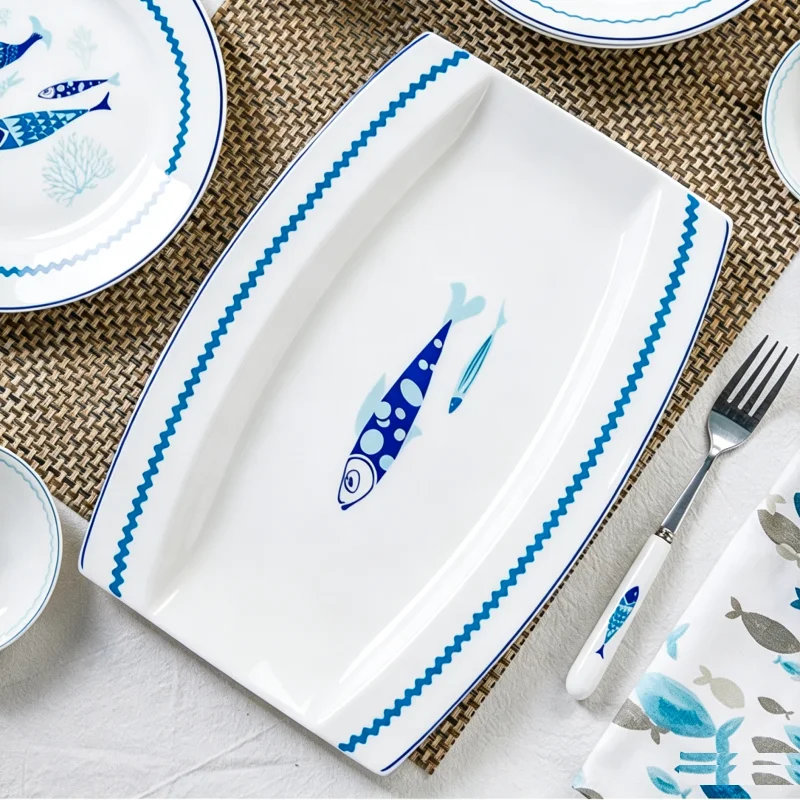 12 inch, real bone china serving plate for fish, fish design, porcelain restaurant plates, ceramic plate for buffet, big plate