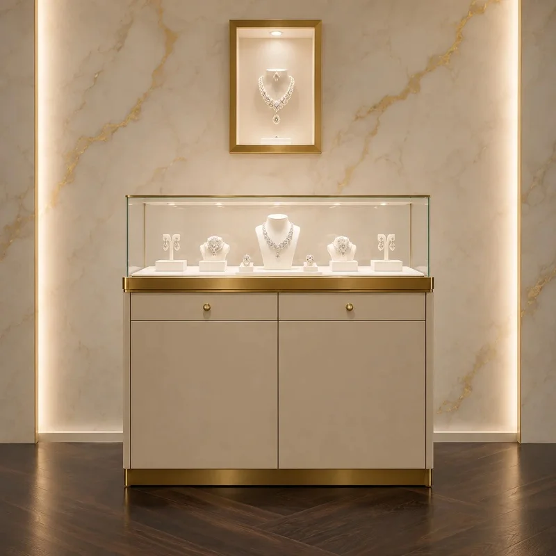 custom.Jewelry Display Pedestal Milk White Jewelry Showcase Tower with LED Lighting High End Retail Boutique Interior Furniture