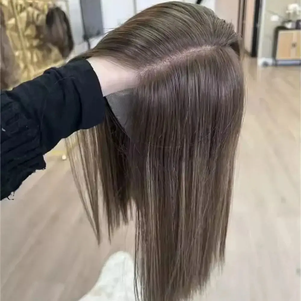 

Ombre Chestnut Brown Highlights Natural Straight Synthetic Lace Top Wigs Soft 14 Inches New Style Shadow Roots High Quality Wig