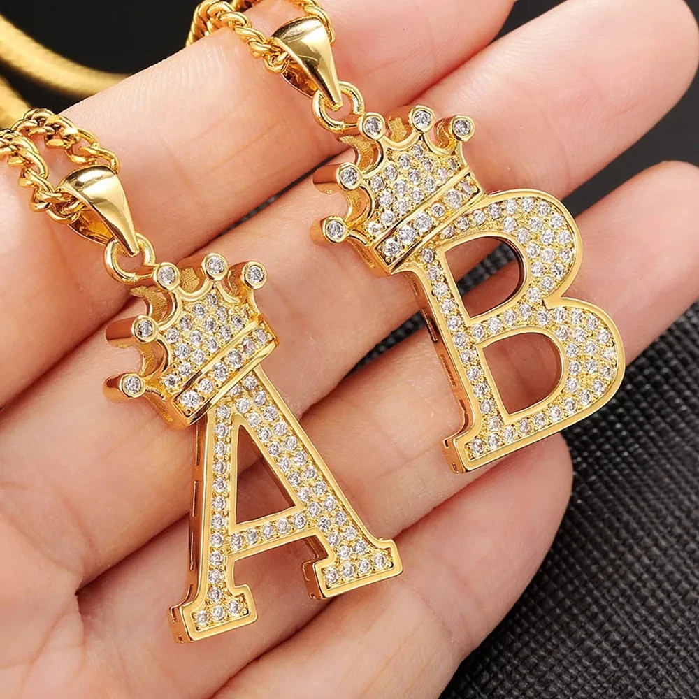 New Personalized Crown Letter Pendant Hip Hop Fashion High Grade Copper Necklace Unisex Jewelry