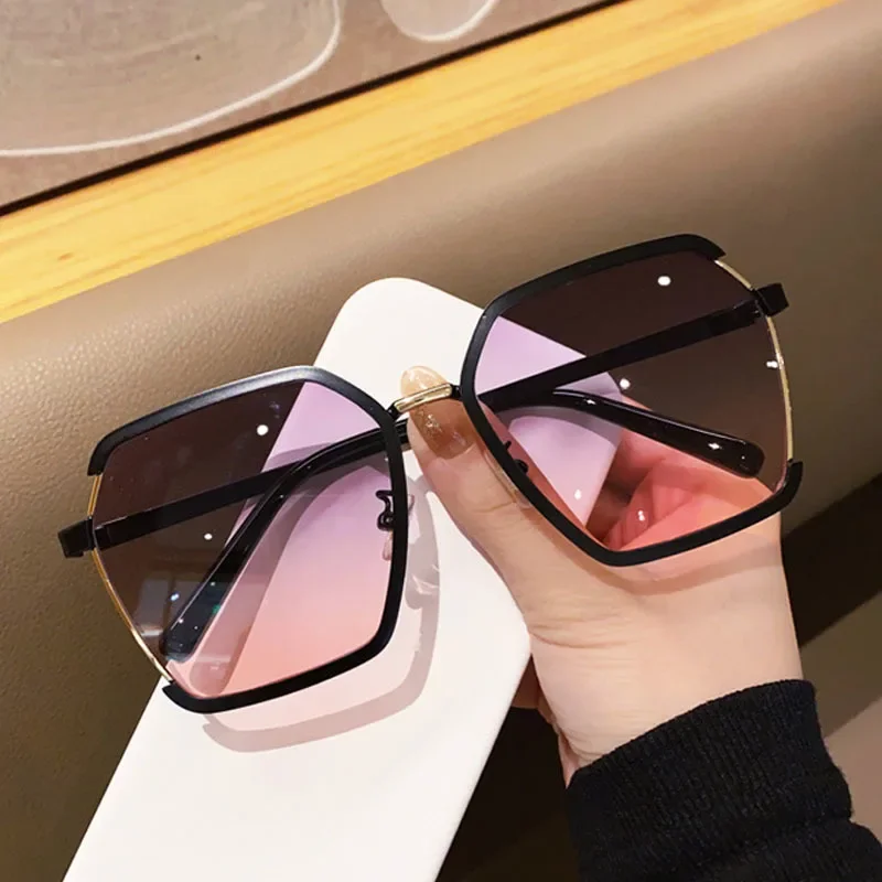 New Women Luxury Square Metal Half Frame Sunglasses Oversized White Tea Sun Glasses Female Shades Travel Sunshades Gafas De Sol